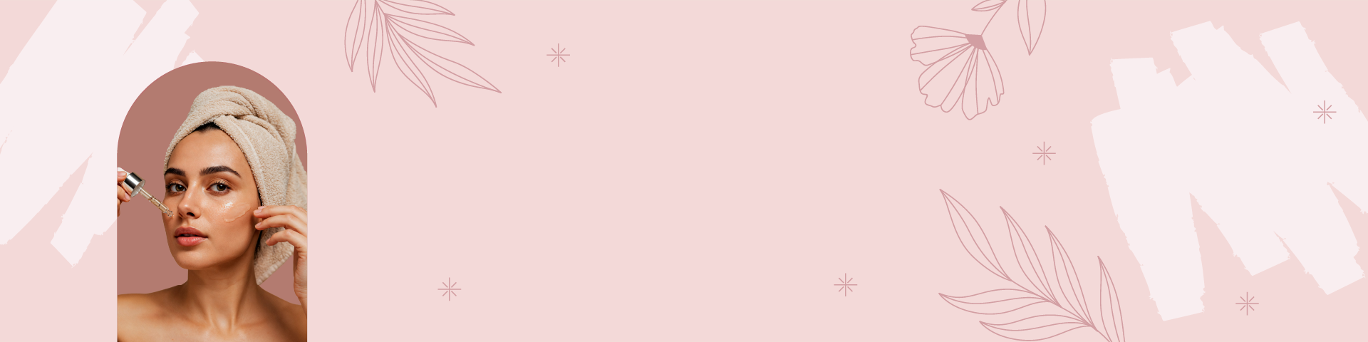 Woman applying face serum with dropper after shower, against soft pink background.