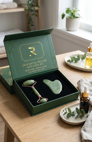 Jade facial roller and gua sha kit in a green box on a wooden table.