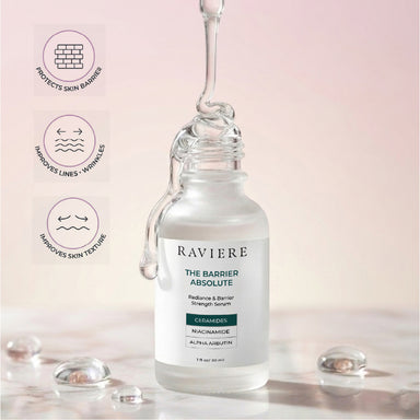 Raviere Barrier Absolute Serum with dropper and icons showing benefits: protects skin barrier, improves lines, improves texture.