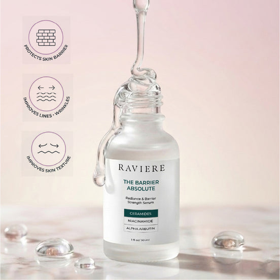 Raviere Barrier Absolute Serum with dropper and icons showing benefits: protects skin barrier, improves lines, improves texture.